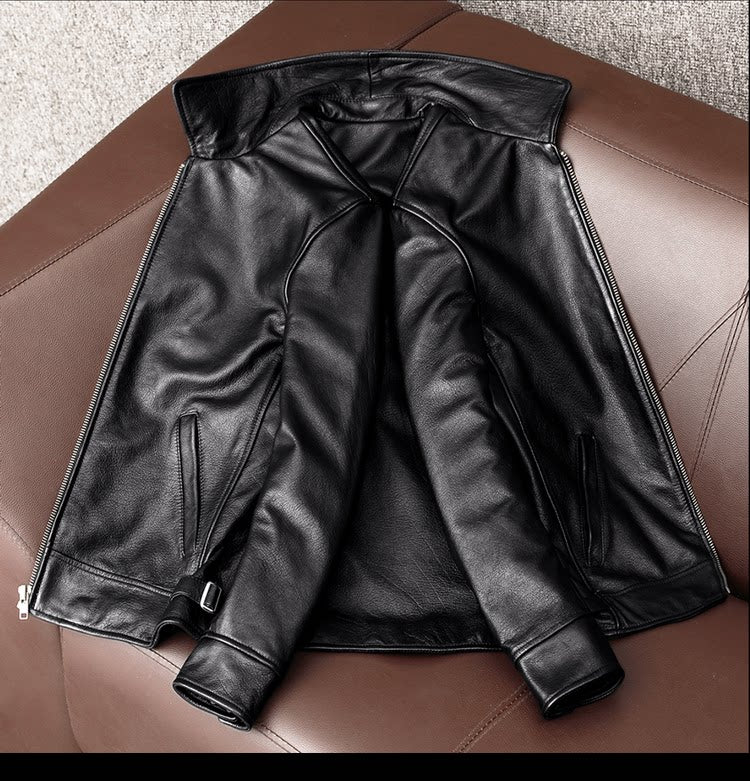 New simple pure top layer cowhide soft leather jacket men's leather jacket short slim lapel jacket