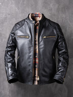 New genuine leather jacket short top layer cowhide biker jacket men's stand-up collar slim jacket thin