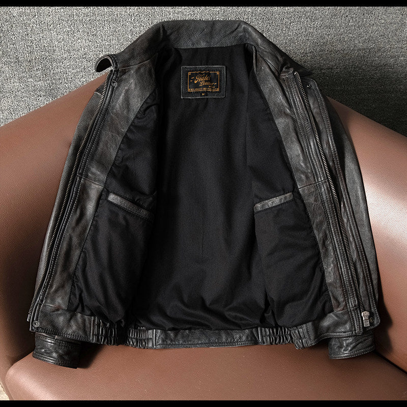 Hong Kong style top layer cowhide leather jacket vintage distressed men's flight suit lapel autumn and winter cropped leather jacket