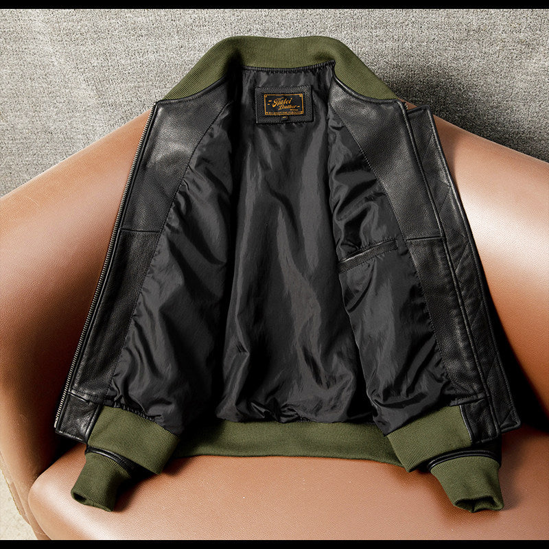American casual flight suit, top layer cowhide leather jacket, men's leather jacket, cropped slim autumn and winter jacket