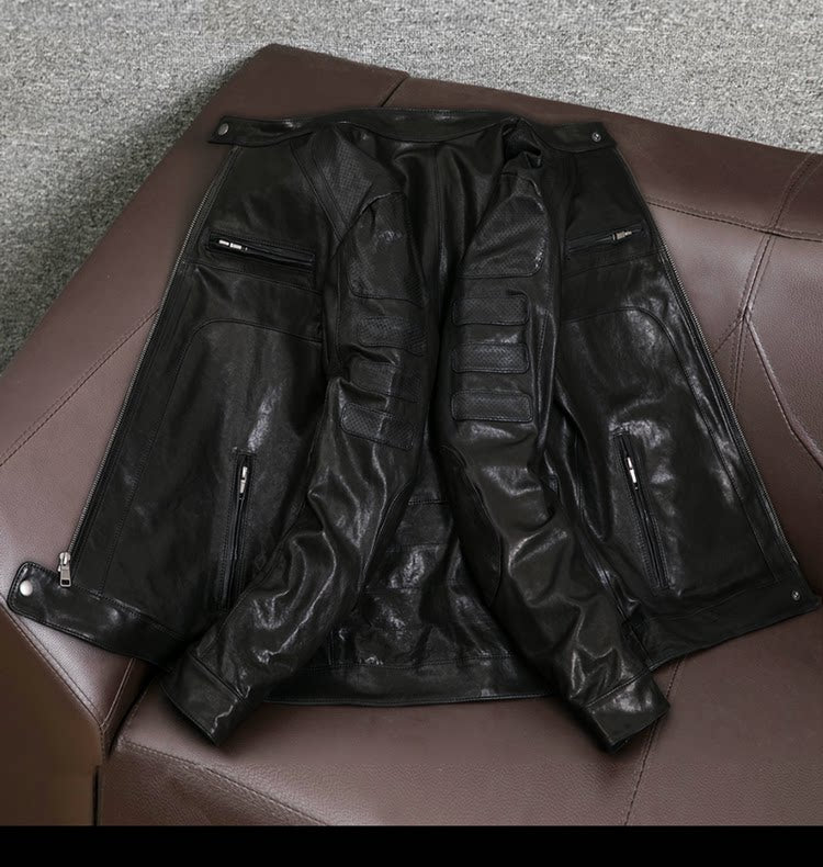 New sheepskin vegetable-tanned top layer leather jacket, men's motorcycle short stand-up collar leather jacket, fashion trend jacket