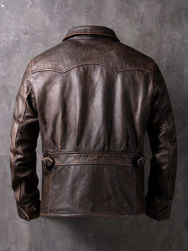 American Vintage Mendoza Washed Farmer Stone-Ground Distressed First-Layer Cowhide Motorcycle Leather Jacket