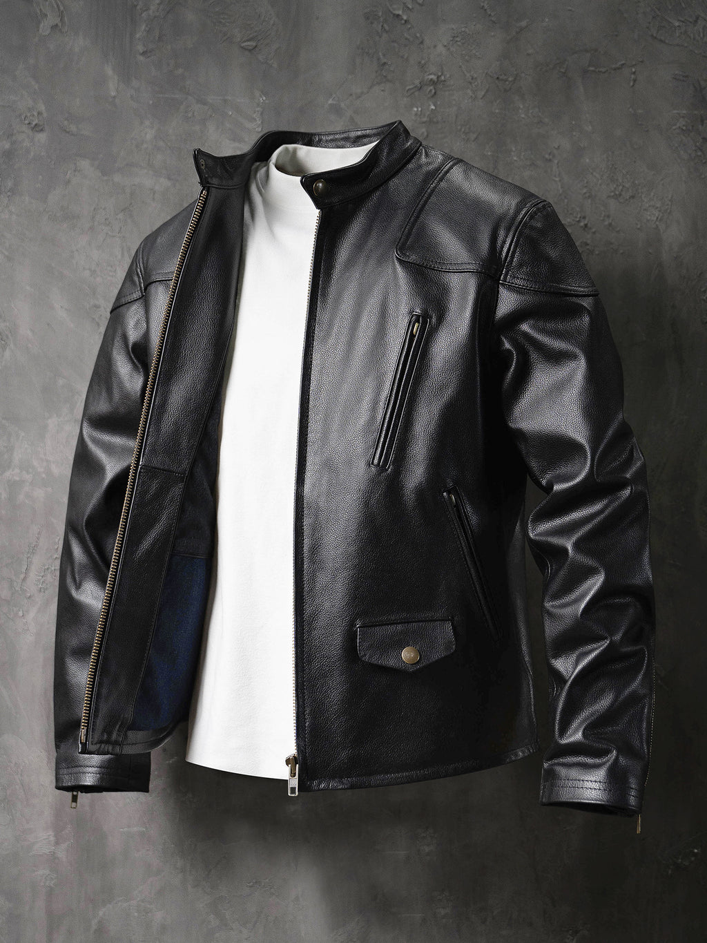 American Vintage Mendoza Washed Farmer Stone-Ground Distressed First-Layer Cowhide Motorcycle Leather Jacket