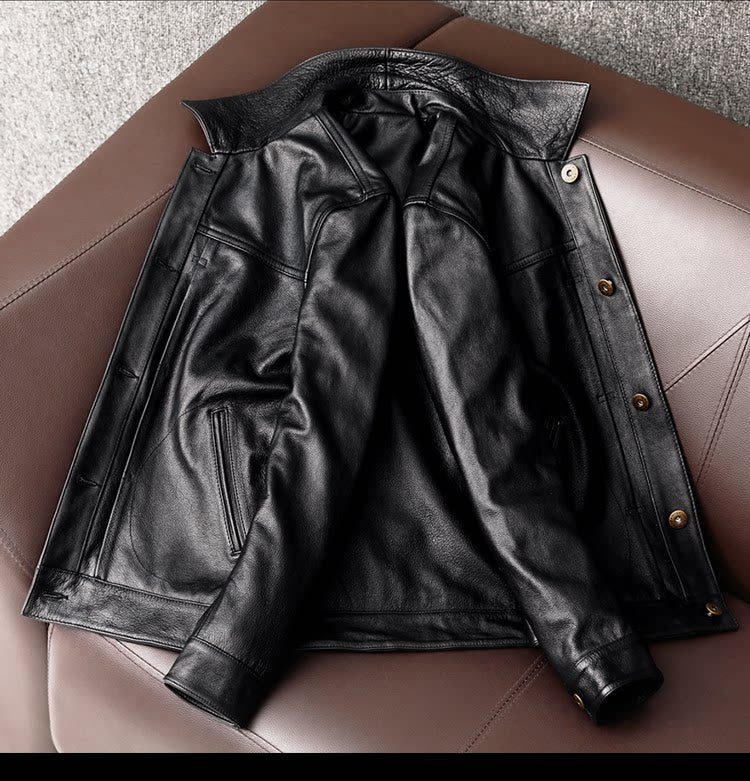 New pure top layer cowhide leather leather jacket men's plus size denim jacket fashion casual men's lapel jacket