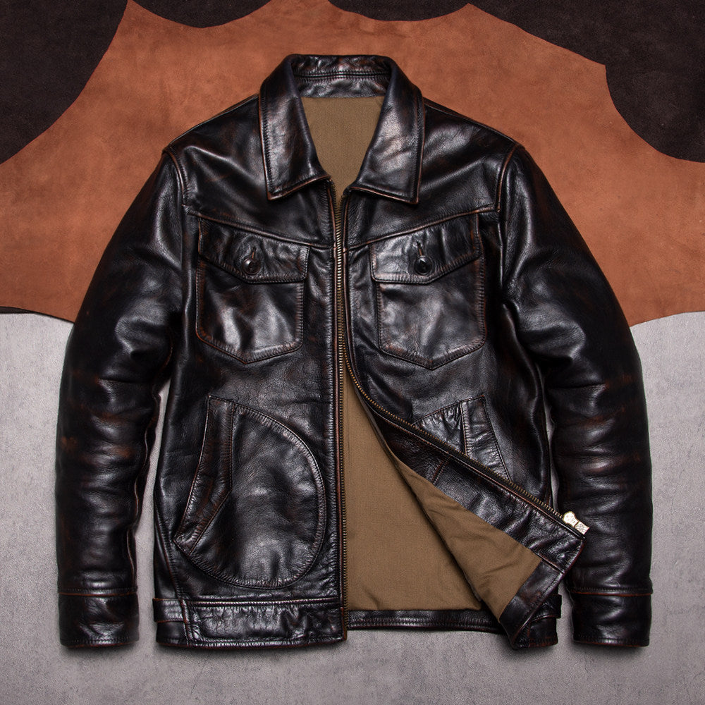 Mendoza classic leather jacket hand-polished top layer cowhide American vintage casual leather jacket farmer men's style