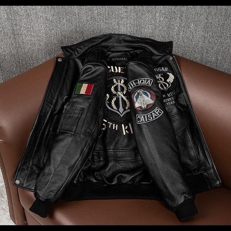 Three-dimensional embroidery new leather jacket men's top layer cowhide flight suit jacket handsome trendy cropped jacket