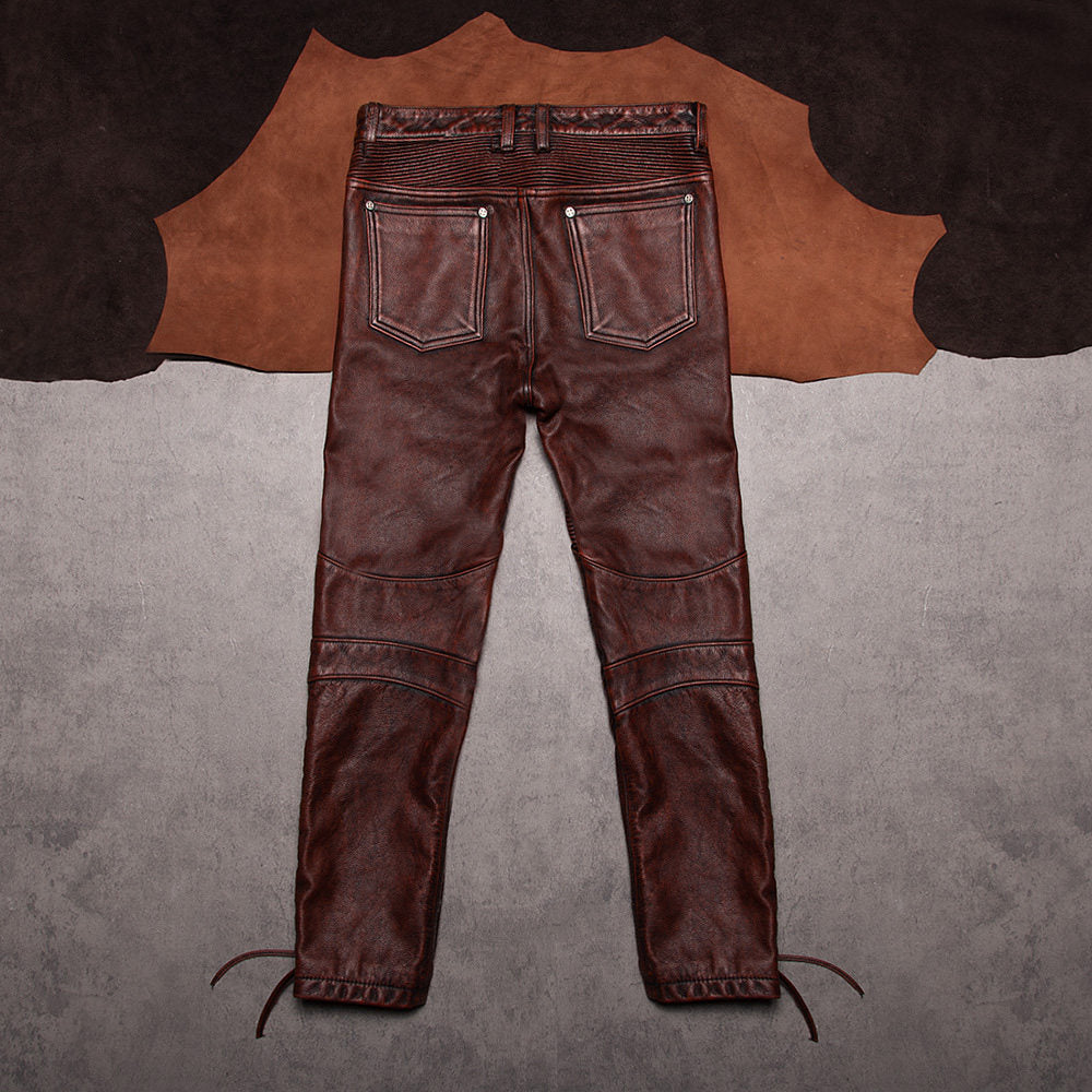 Men's leather pants, top layer cowhide, vintage distressed motorcycle riding trousers, men's slim fit