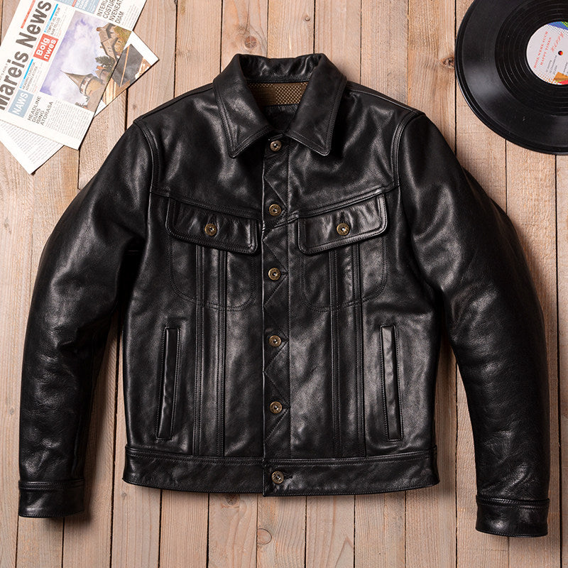 Stormrider cargo leather jacket men's lapel slim leather jacket oil wax top layer cowhide denim leather jacket