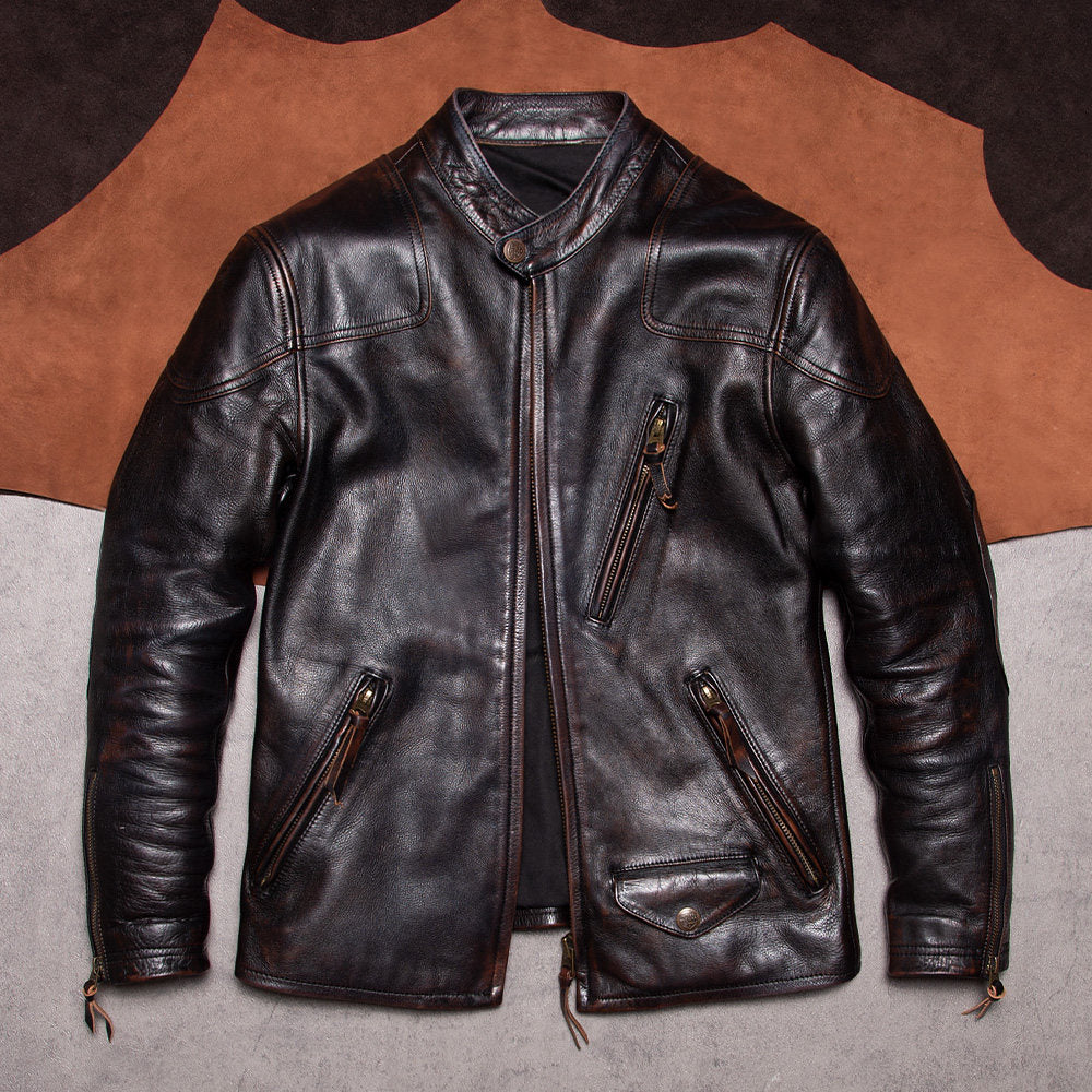 Tea core cowhide venom leather leather jacket men's washed old Tom Hardy classic vintage motorcycle leather jacket