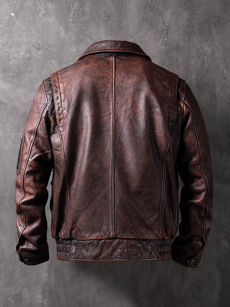 China Haining Genuine Leather Jacket Men's Biker Jacket Spring and Autumn Short Top Layer Cowhide Lapel Jacket Fashion Trend