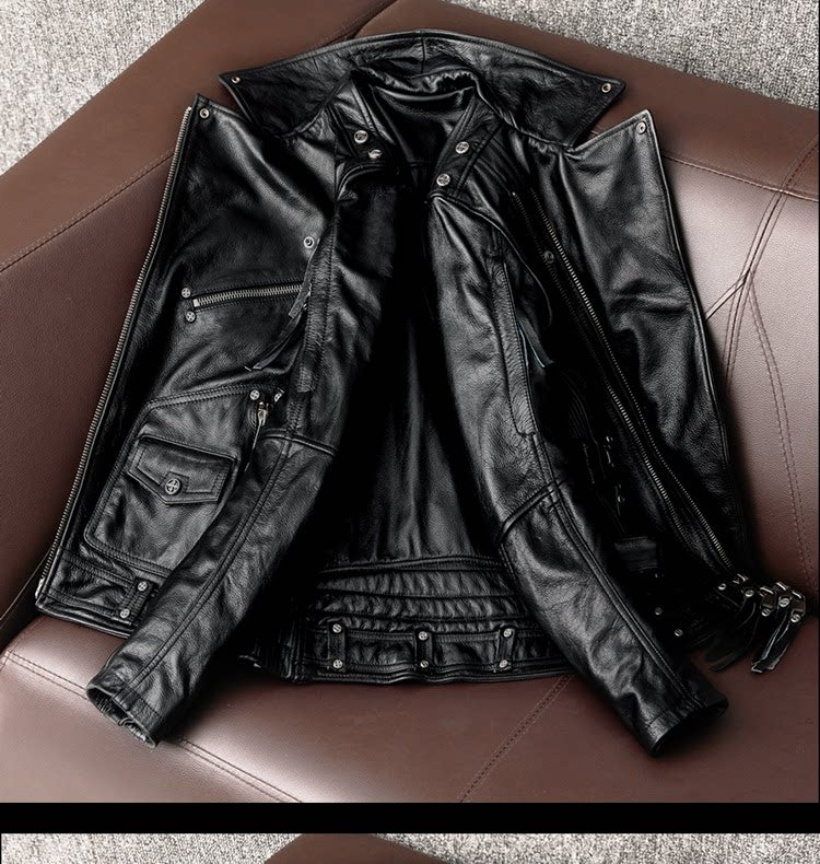 Harley heavy motorcycle uniform pure top layer cowhide leather jacket men's cycling suit multi-zip leather jacket jacket