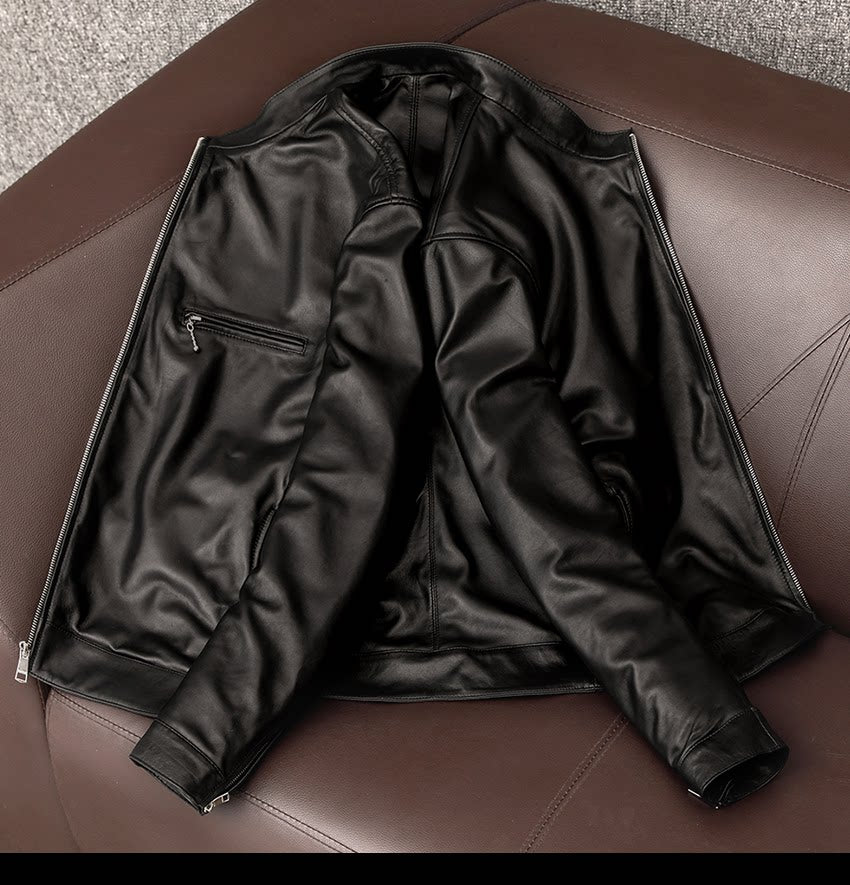 New handsome simple leather jacket pure top sheepskin leather leather jacket men's casual short stand-up collar jacket