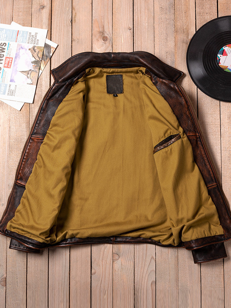 American Vintage Mendoza Washed Farmer Stone-Ground Distressed First-Layer Cowhide Motorcycle Leather Jacket