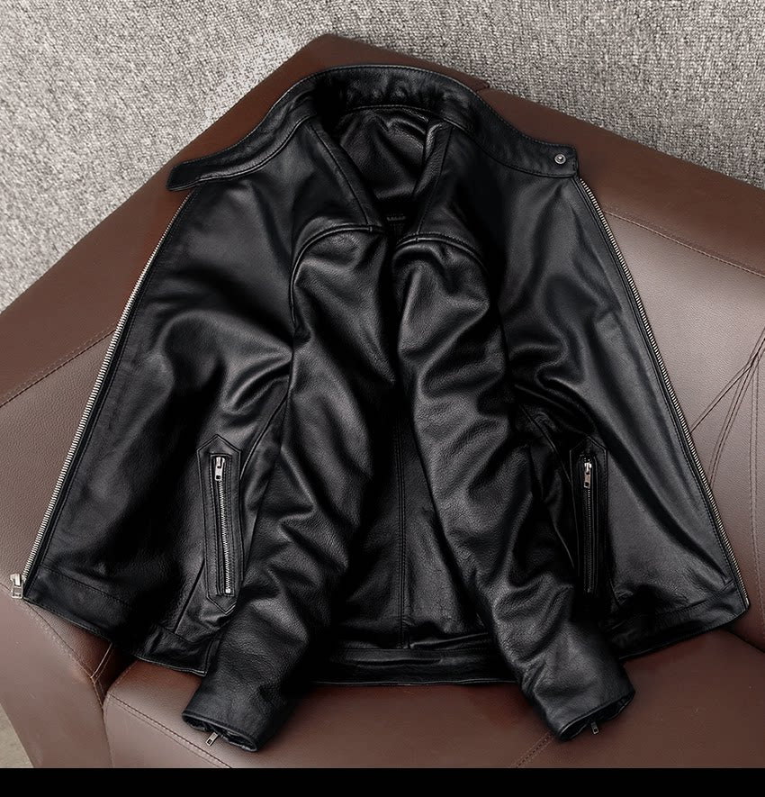 Pure top layer soft cowhide leather jacket men's middle-aged casual short stand-up collar leather jacket jacket
