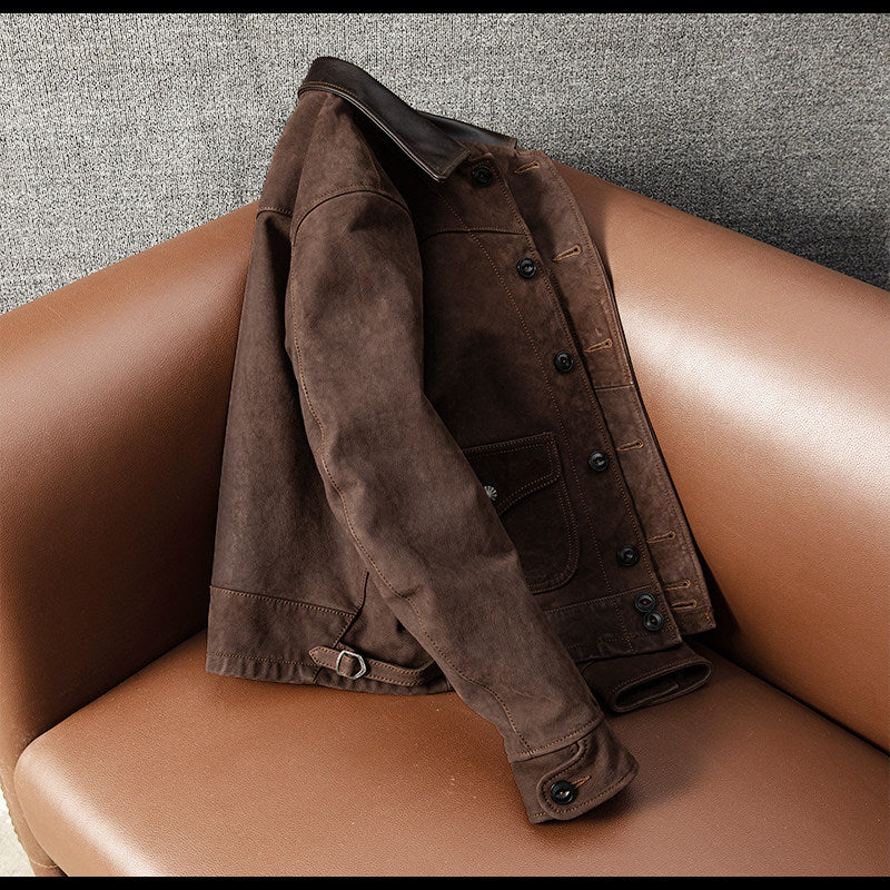 Top sheepskin leather jacket men's vintage uncoated classic distressed cropped lapel slim spring and autumn jacket