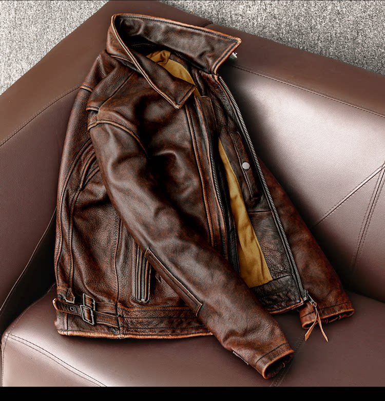 Ami click American retro pure top layer cowhide leather leather men's motorcycle short stone mill old jacket trend
