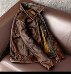 Ami click American retro pure top layer cowhide leather leather men's motorcycle short stone mill old jacket trend