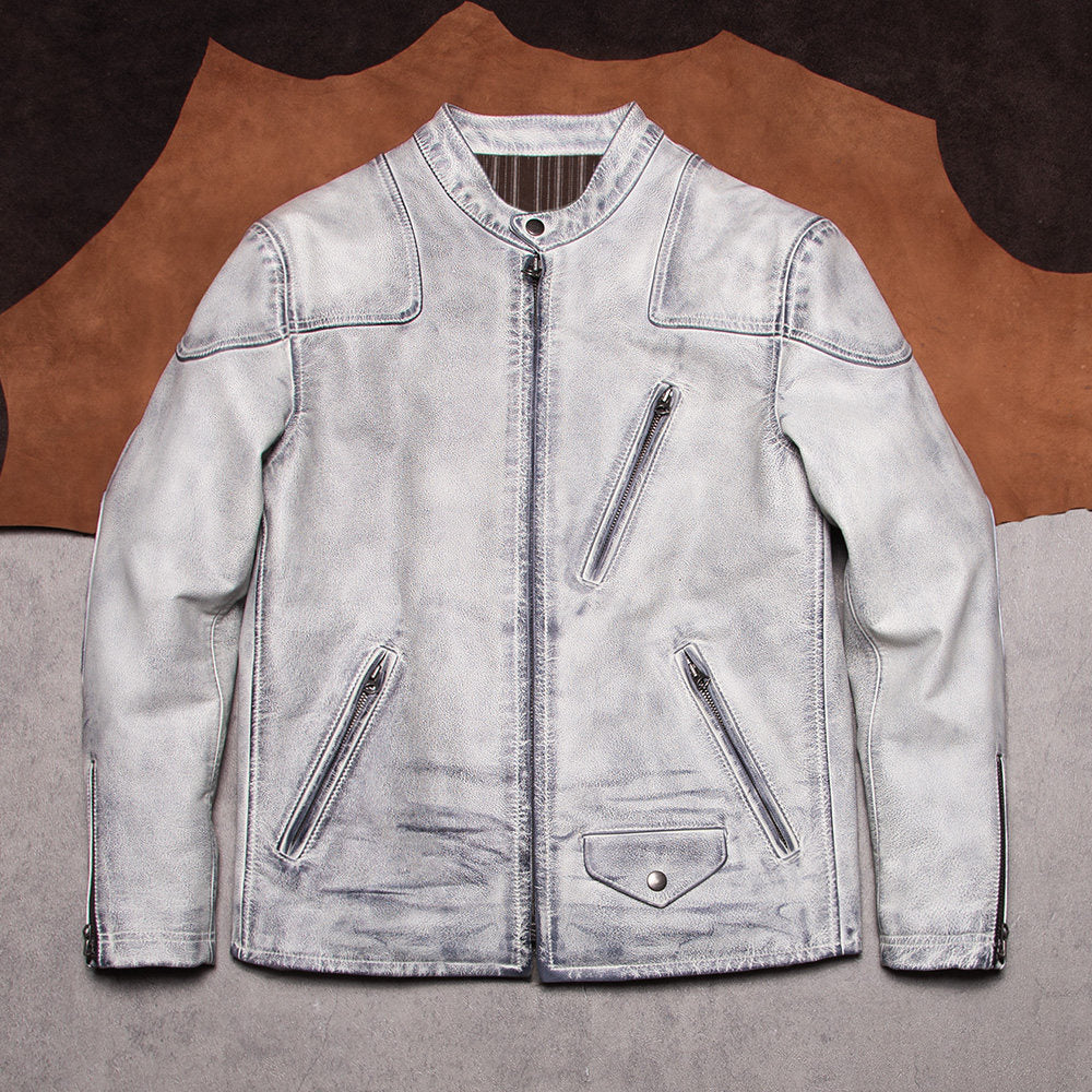 Classic Venom Tom Hardy is the same white dirty top layer cowhide stand-up collar American vintage leather jacket
