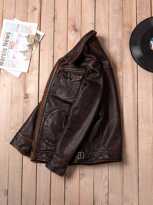 American Vintage Mendoza Washed Farmer Stone-Ground Distressed First-Layer Cowhide Motorcycle Leather Jacket