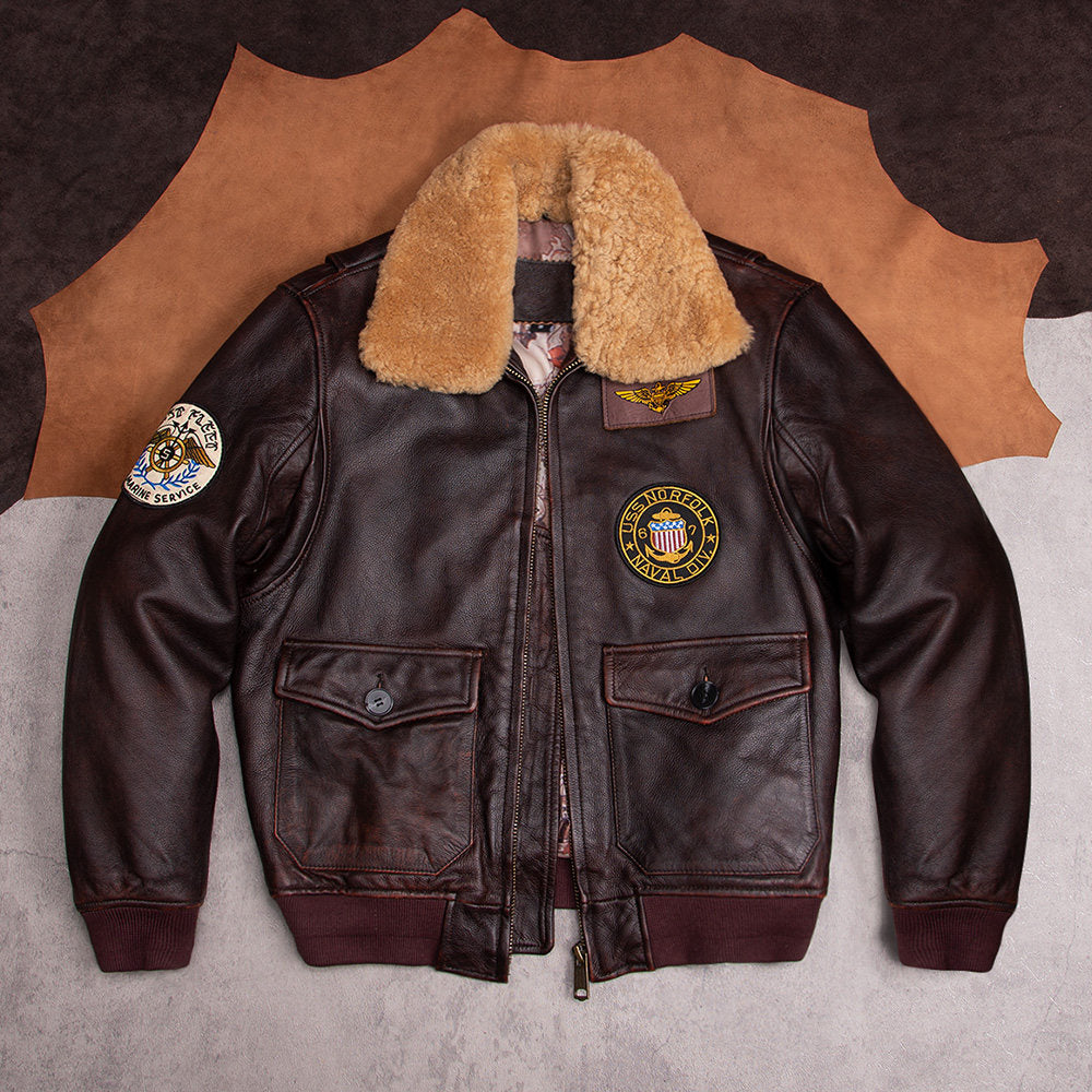 G1 flight suit top layer cowhide leather leather jacket men's motorcycle jacket made of old stone mill plus cotton plus size fur collar jacket