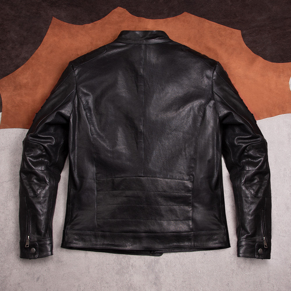 Vegetable-tanned sheepskin leather jacket men's motorcycle short stand-up collar jacket fashion trend black casual top jacket
