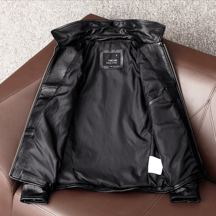 New simple pure top layer cowhide soft leather jacket men's leather jacket short slim lapel jacket
