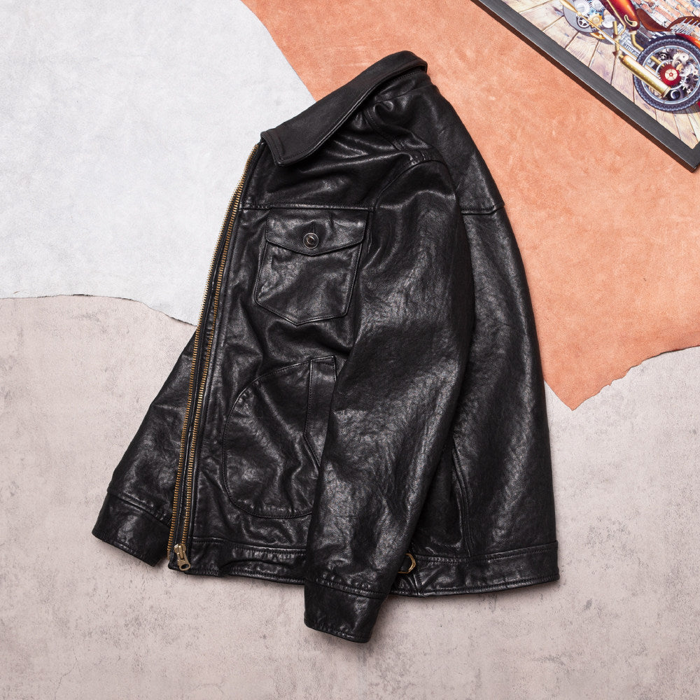 Graduation version vegetable-tanned top layer cowhide jacket men's slim fit classic Mendoza farmer American black leather jacket