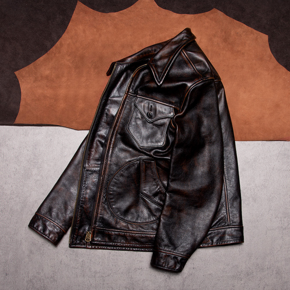 Classic American vintage Mendoza tea core top layer cowhide leather jacket men's jacket motorcycle leather jacket