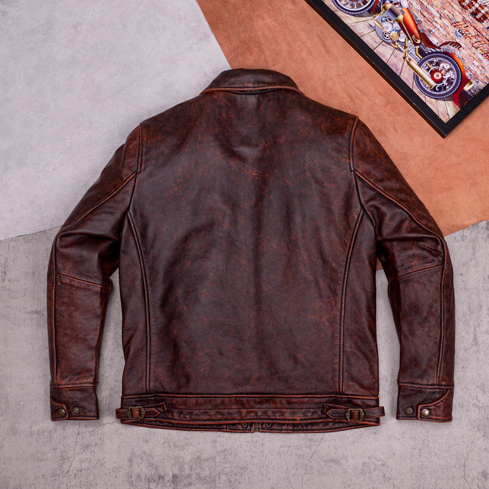 Mulholland Road soft top layer cowhide loose casual leather jacket brown genuine leather jacket men's coat cropped top