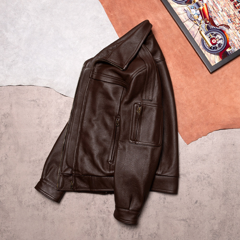 Top layer cowhide leather leather jacket men's 02 flight suit men's lapel short plus size casual leather jacket spring and autumn jacket