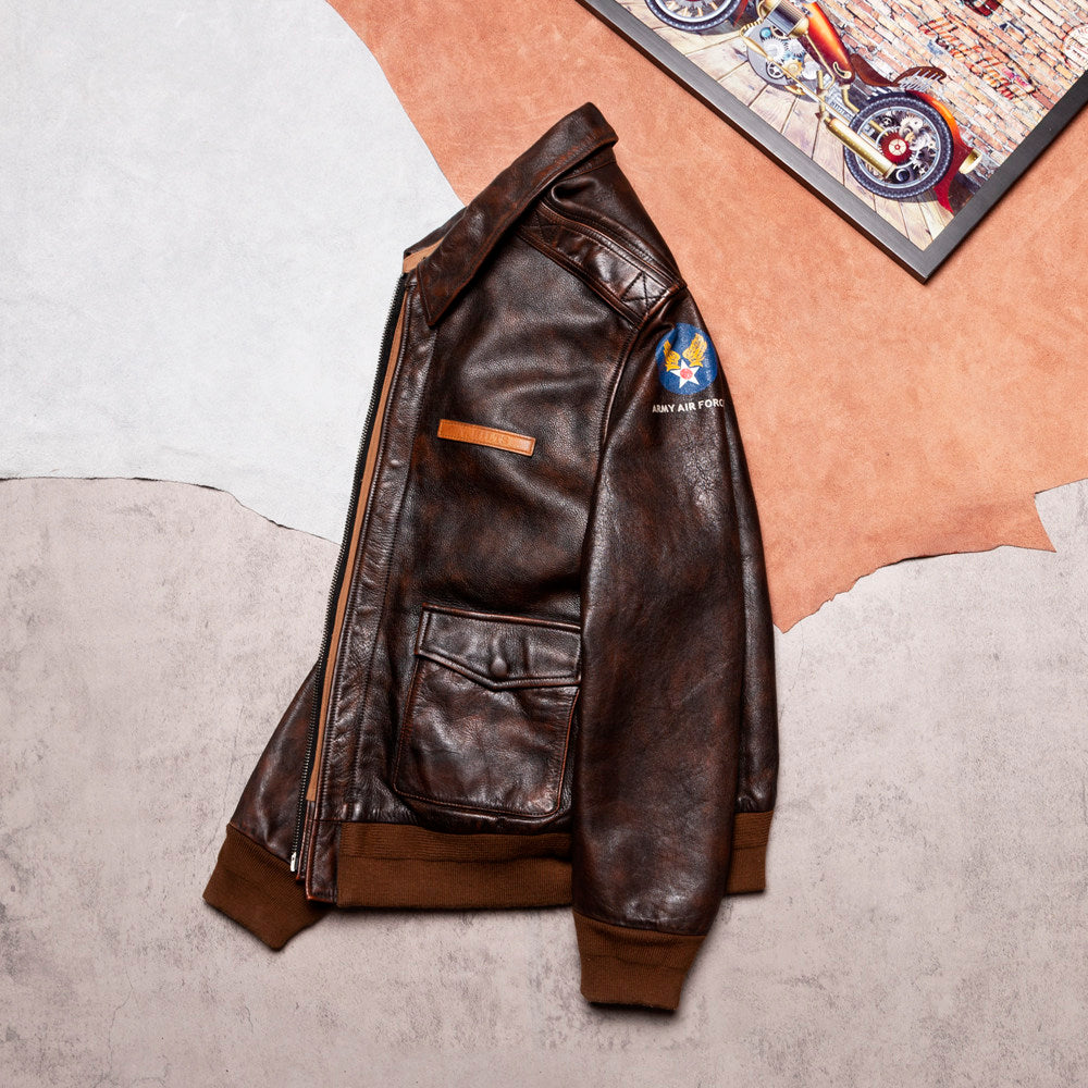 A2 Old brown leather jacket men's flight suit leather jacket spring and autumn new casual lapel top men's style