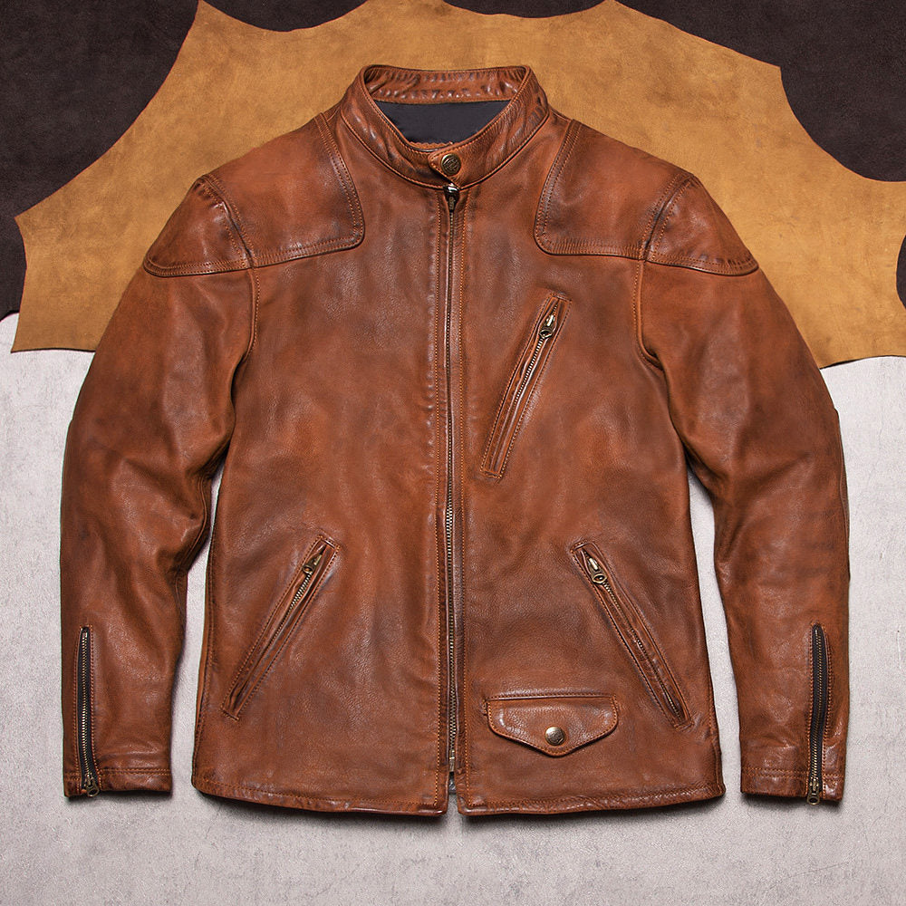 American vintage men's full-grain uncoated matte venom jacket top layer cowhide short stand-up collar leather jacket