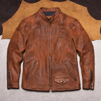 American vintage men's full-grain uncoated matte venom jacket top layer cowhide short stand-up collar leather jacket