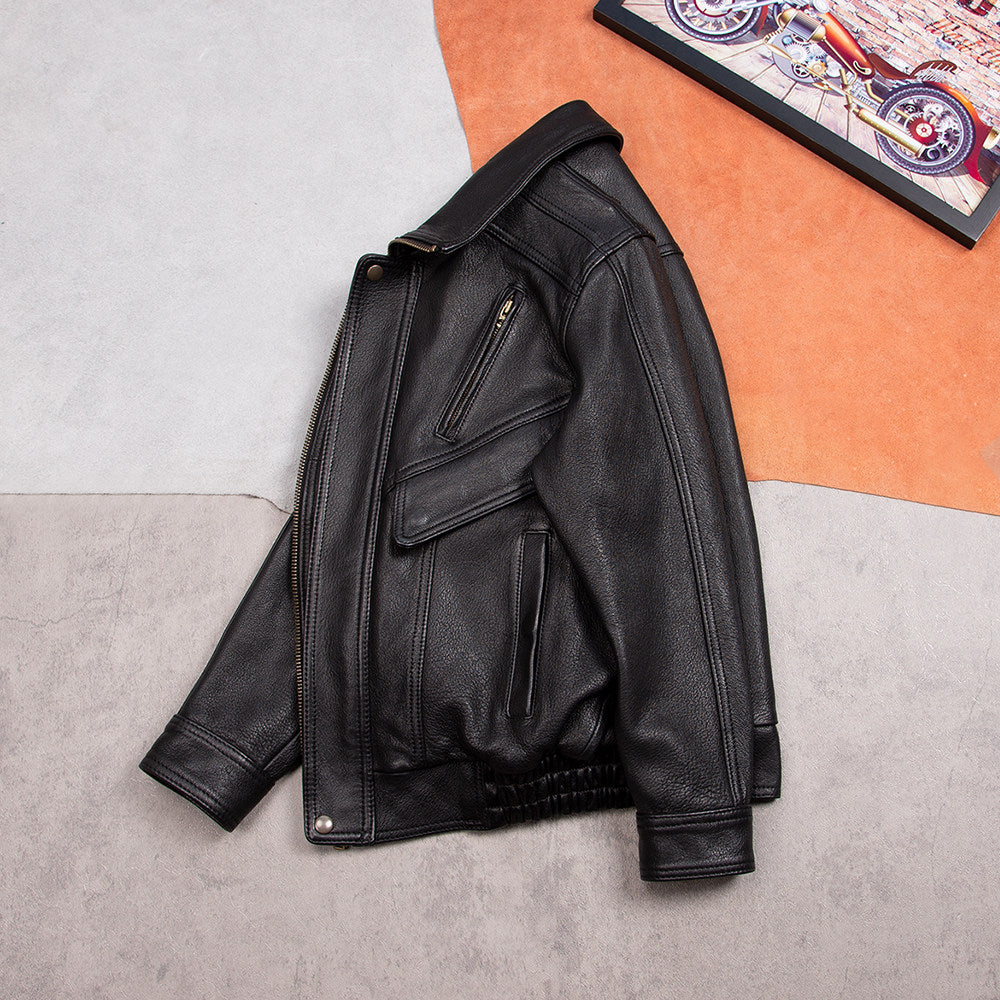 Retro Hong Kong-style men's leather jacket wide leather jacket unpainted water-dyed goatskin Daddy men's lapel leather jacket