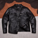 Stand-up collar motorcycle leather jacket vegetable-tanned top layer cowhide jacket men's leather slim cycling suit leather jacket