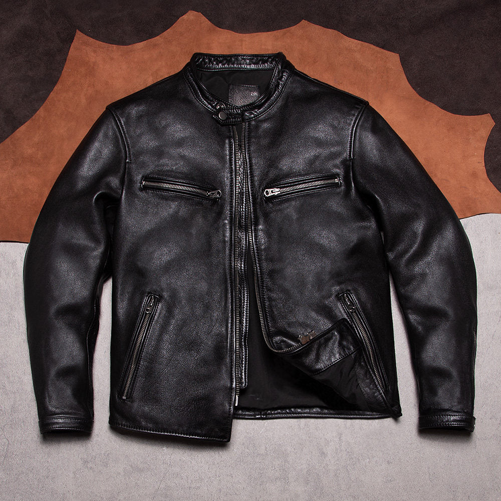 Stand-up collar motorcycle leather jacket vegetable-tanned top layer cowhide jacket men's leather slim cycling suit leather jacket