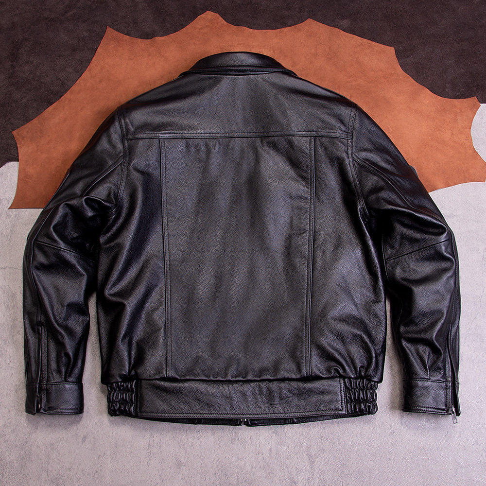 Top layer cowhide lapel leather jacket men's casual black leather jacket jacket zipper short simple men's clothes