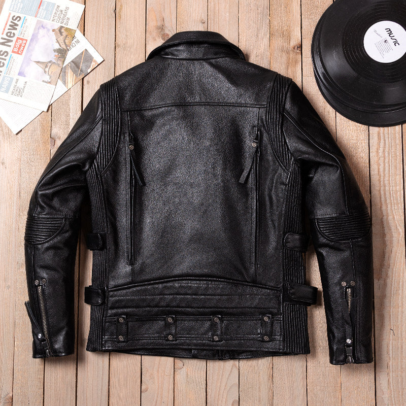 Black top layer cowhide men's leather jacket multi-zip motorcycle suit vintage Harley riding spring and autumn motorcycle suit men's style