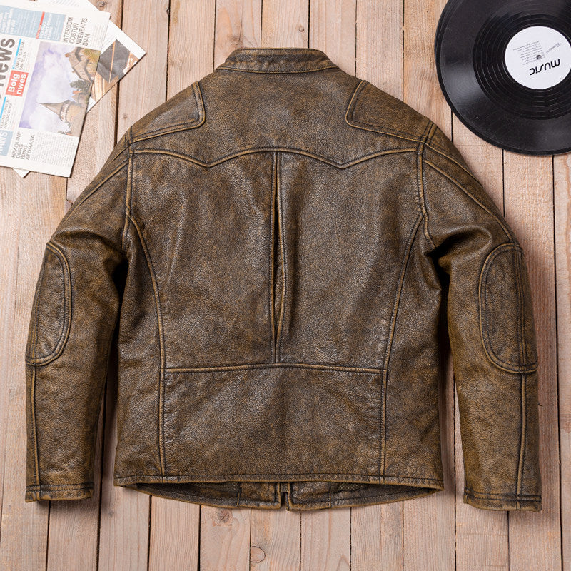 Venom yellow brown top layer calf leather men's classic leather jacket motorcycle riding jacket new arrival stand-up collar top vintage