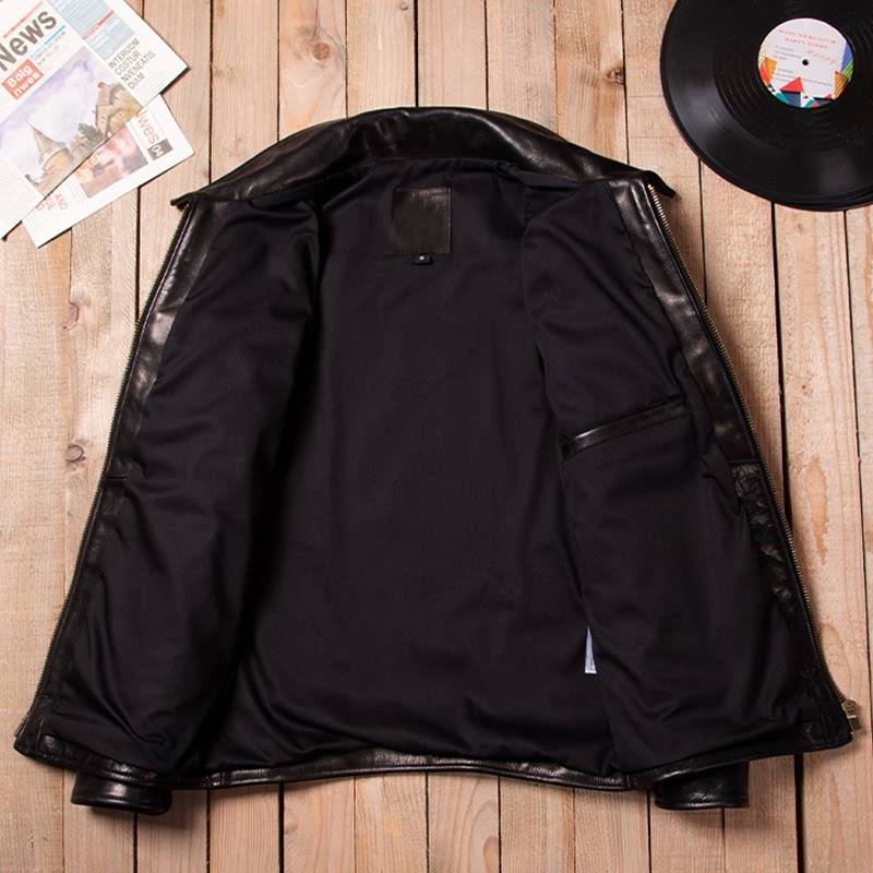 Vintage Mendoza Farmer Cowhide Heavy Washed Genuine Leather Autumn Winter Lapel Classic Casual Leather Jacket Jacket Black