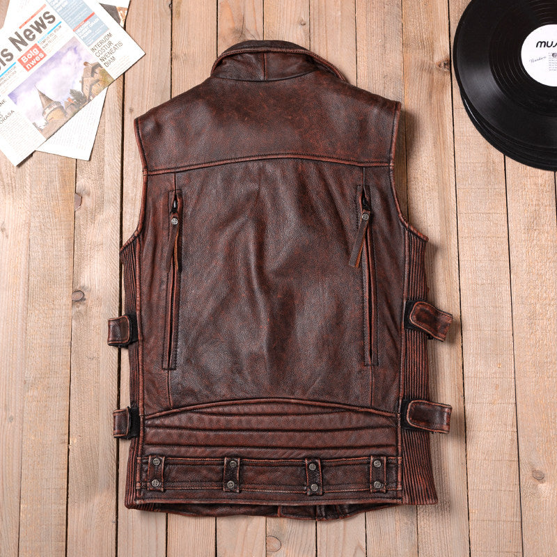 Reddish-brown Harley vest locomotive top layer cowhide leather leather jacket men's short cycling leather vest multi-zip pocket