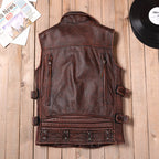 Reddish-brown Harley vest locomotive top layer cowhide leather leather jacket men's short cycling leather vest multi-zip pocket