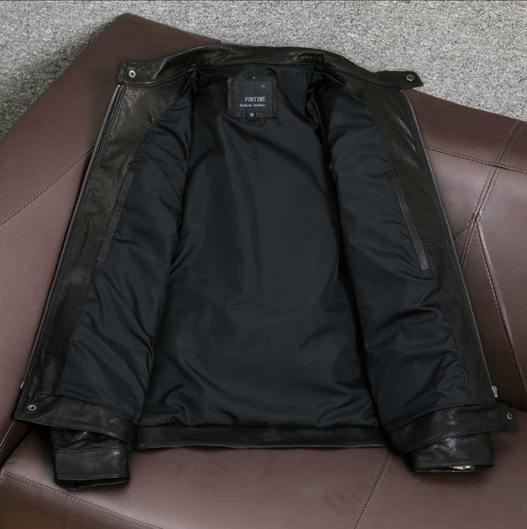 New sheepskin vegetable-tanned top layer leather jacket, men's motorcycle short stand-up collar leather jacket, fashion trend jacket