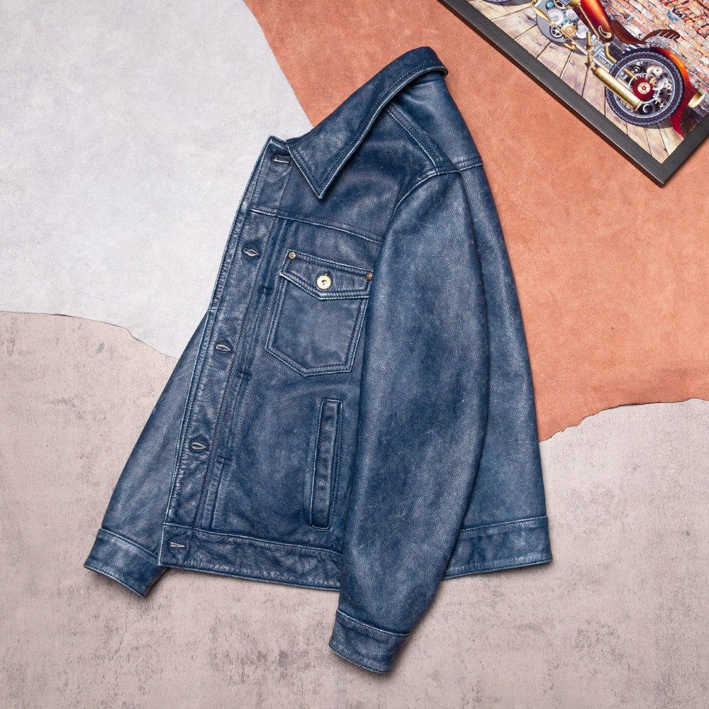 506 Vintage Distressed Cargo Leather Jacket Men's Lapel Slim Top Layer Cowhide Jacket Genuine Leather Denim Jacket