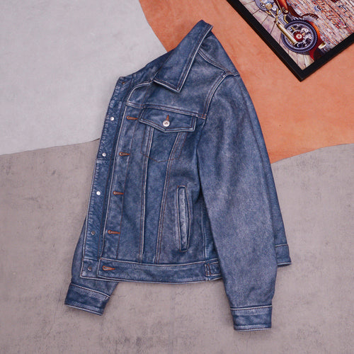 507 Ami click top layer cowhide leather leather jacket denim vintage stone mill old men's lapel jacket washed