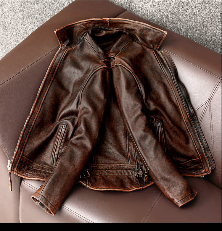 Ami click American retro pure top layer cowhide leather leather men's motorcycle short stone mill old jacket trend