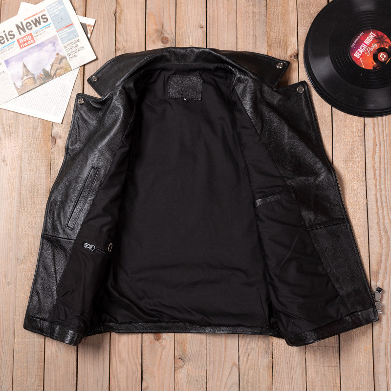 Black Harley motorcycle vest top layer cowhide leather jacket men's short cycling leather vest with multiple zipper pockets