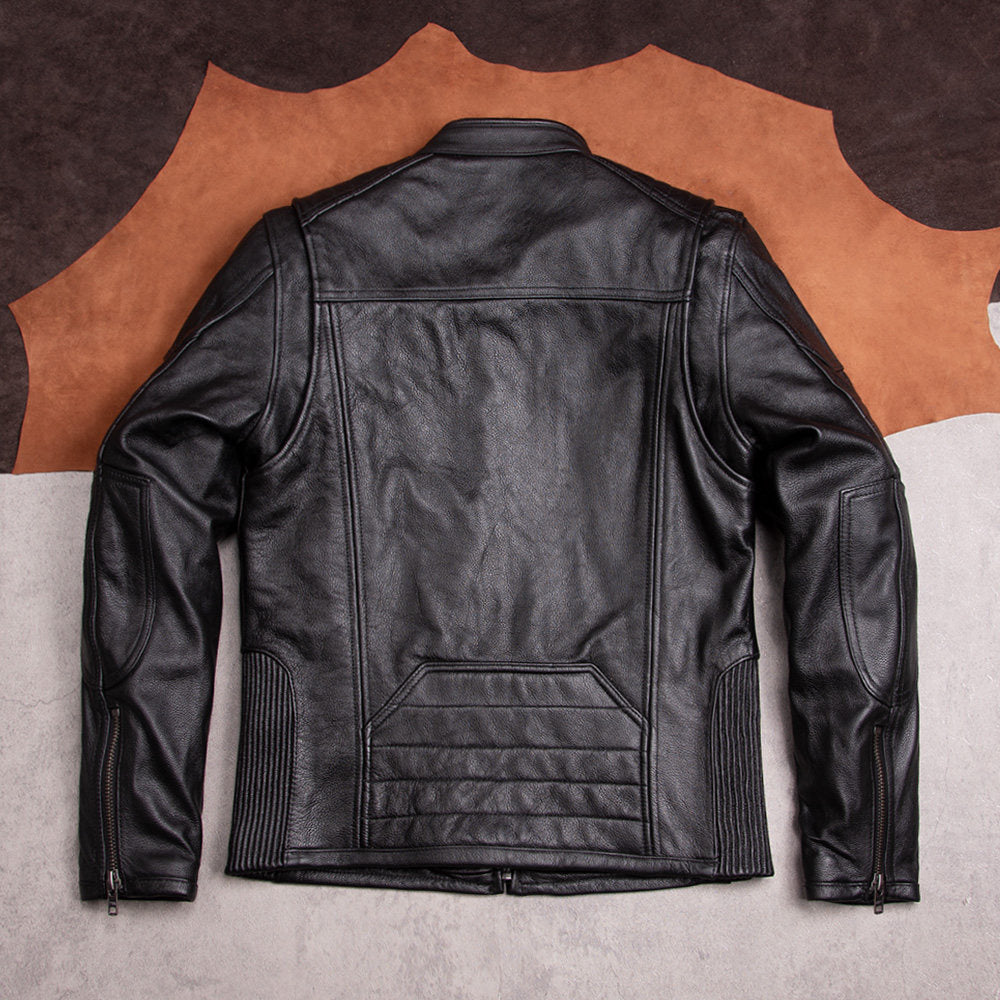 Top layer cowhide men's slim leather jacket leather jacket stand-up collar short cycling motorcycle casual top autumn and winter