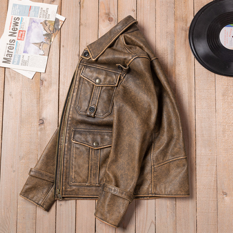 Jason's same American vintage men's top layer cowhide leather motorcycle leather jacket lapel short slim leather jacket jacket