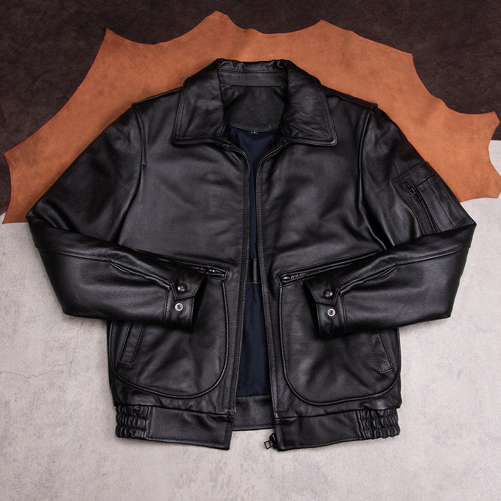 Top layer cowhide leather jacket men's autumn and winter new Korean version slim black jacket cropped top men's casual